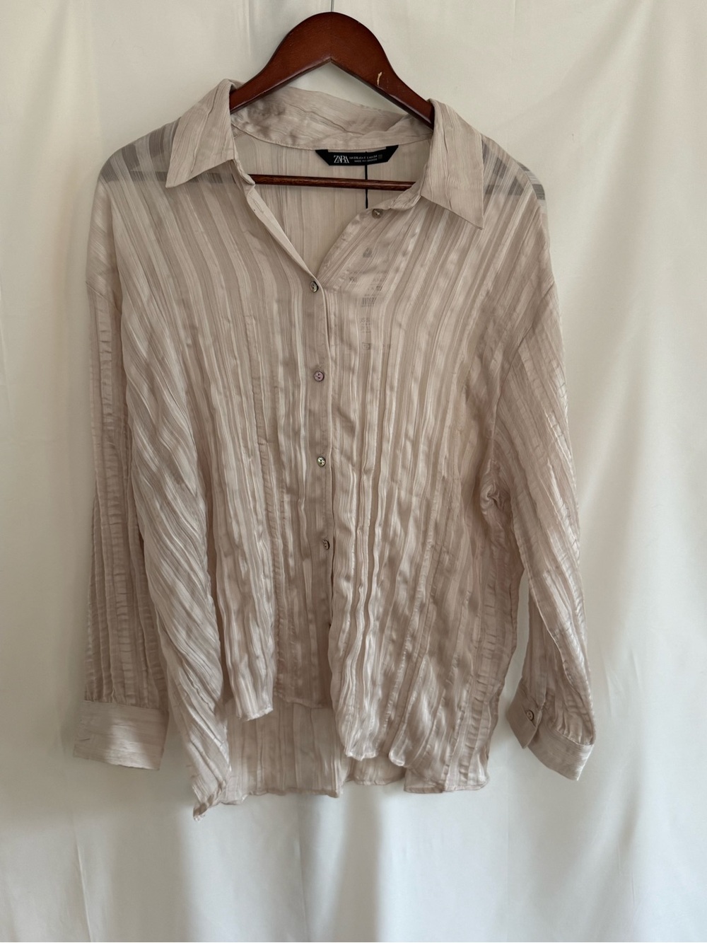 Women Beige Ruffle/Ribbed Button Down Shirt